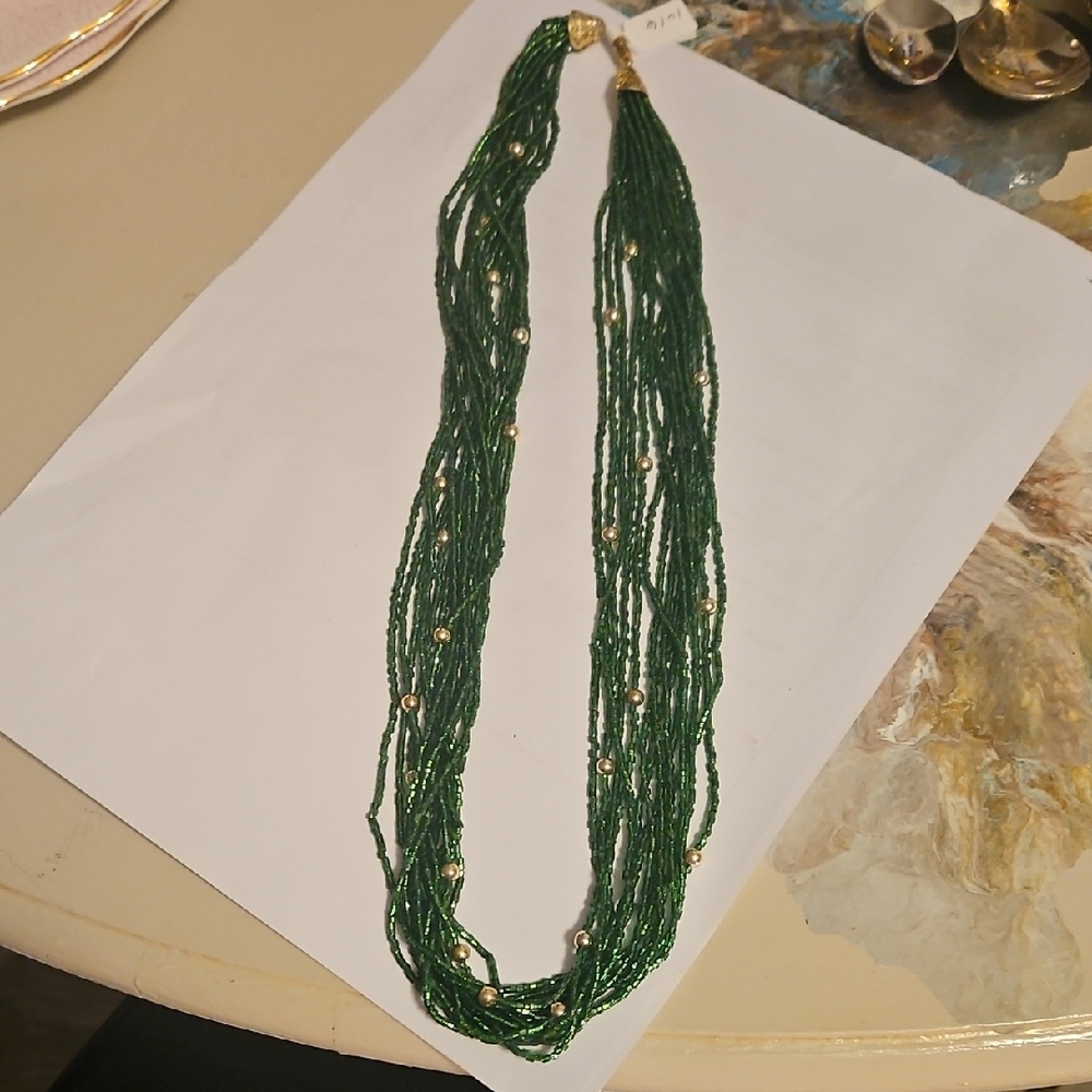 Chic Green Beaded Necklace with Gold Accents